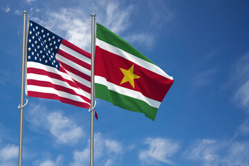 United States of America and Republic of Suriname Flags Over Blue Sky Background. 3D Illustration