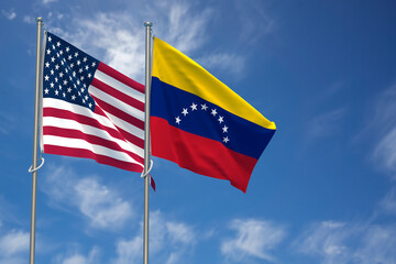United States of America and Bolivarian Republic of Venezuela Flags Over Blue Sky Background. 3D Illustration