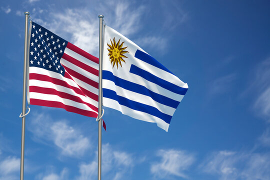 United States of America and Oriental Republic of Uruguay Flags Over Blue Sky Background. 3D Illustration