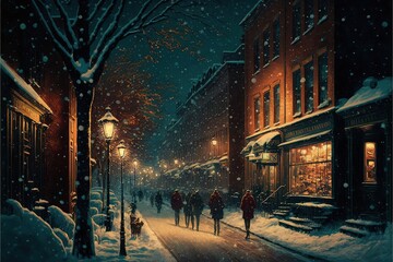 Fototapeta premium Cozy Christmas City in Winter Night Time with Town Buildings and Street Warm Lights with People on the Sidewalk Generative AI