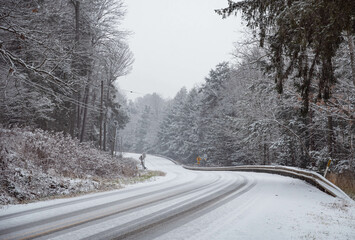 Fresh snow on the road, winter weather theme