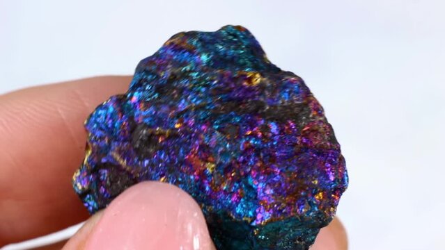 Woman hand holding shiny rainbow crystal Peacock ore or Bornite (Chalcopyrite) on light background close up