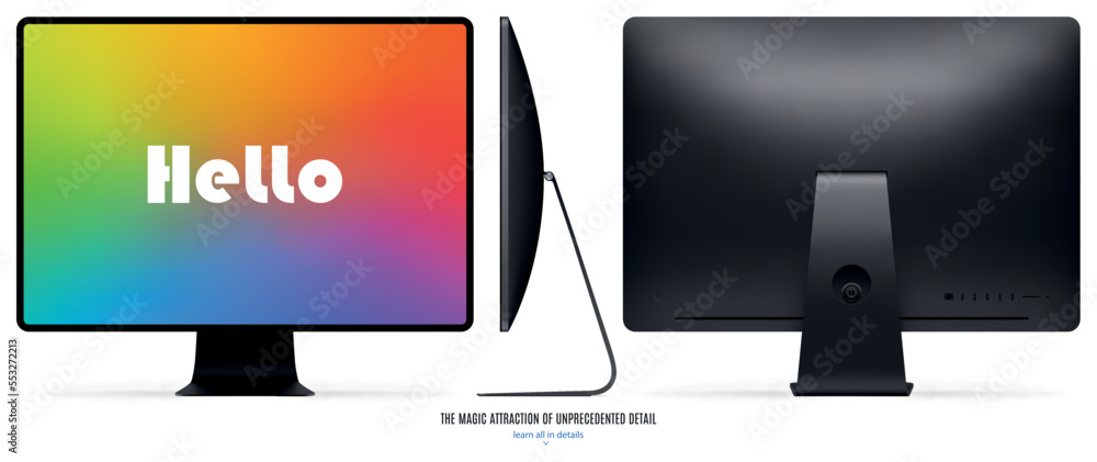 Poster new computer monitor black color with colored screen front, back and side view isolated on white bac