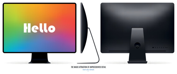 new computer monitor black color with colored screen front, back and side view isolated on white background. realistic and detailed mockup of display for system unit. vector illustration