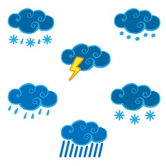Weather icons set. Hand drawn vector doodle illustration. Rainy, snowy weather cloud, hail, thunderstorm, lightning storm clip-art for logotype, icon, weather forecast design.