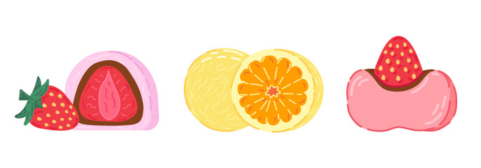 Set of different asian sweets: daifuku, dango, taiyaki, dorayaki, mochi.