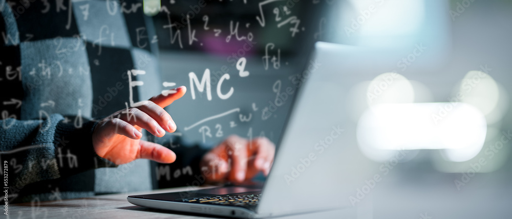 Poster concept of online education. man use online education training and e-learning webinar on internet fo