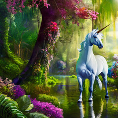 Unicorn in a mystical forest, beautiful and colorful digital drawing, created with Generative AI