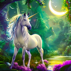 Obraz na płótnie Canvas Unicorn in a mystical forest, beautiful and colorful digital drawing, created with Generative AI