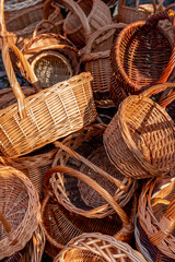 Many wicker rattan baskets for sale at the fair