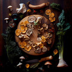 foraging: wild mushrooms and herbs - obrazy, fototapety, plakaty