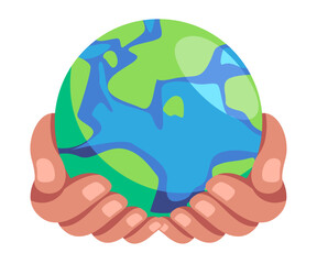 Two hand holding globe earth icon illustration symbol of care protection for environment