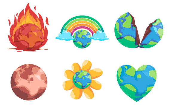 earth burning global warming climate change cracked earth icon illustration and bright future