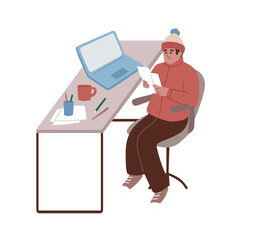 Man wearing warm clothes at work in the office. Cold in the room. Low temperature. Turn off heating. Economy of gas. Character wearing informal warm clothes trembling with cold at work place.