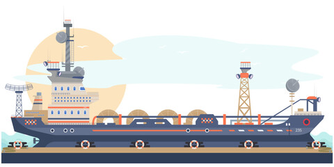 Obraz premium Ship in the pier, embankment. Vessel ready to sail. Navy concept. Shipbuilding illustration. Flat vector.
