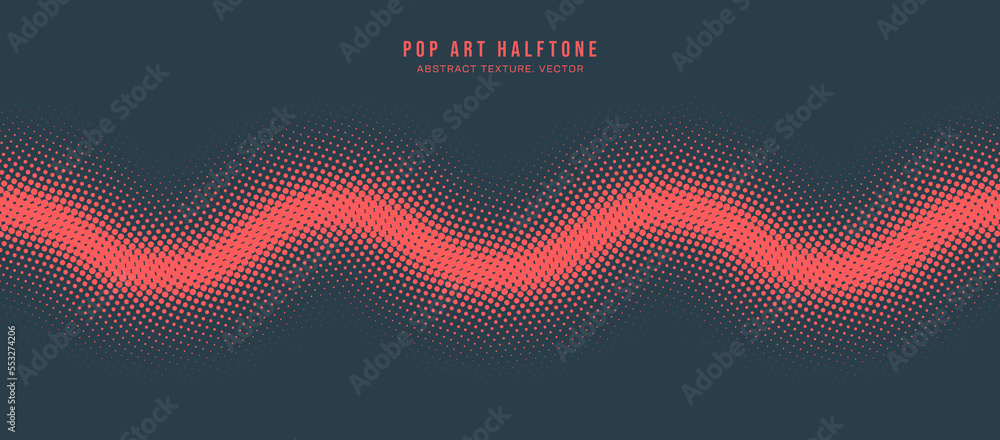 Poster pop art dots halftone pattern vector wavy line border red dark blue abstract background. dotted subt