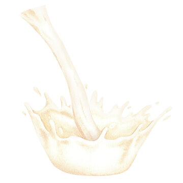 Milk pours out forming a funnel. Cream, pina colada, or other white liquids. Watercolor illustration. Isolated on a white background.For design packaging of dairy products, kitchen products and so on