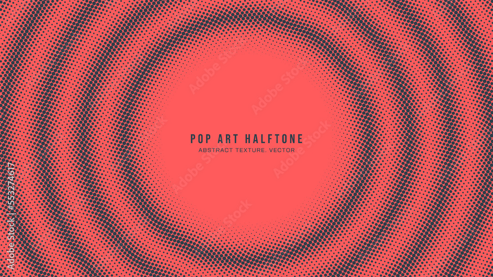 Poster pop art dots halftone pattern vector rippled circles frame red dark blue abstract background. popart