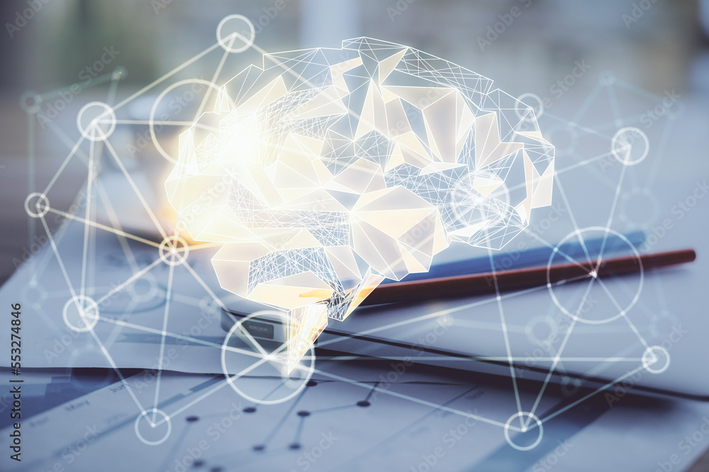 Poster Double exposure of desktop with computer and brain drawing hologram. Artificial intelligence concept.