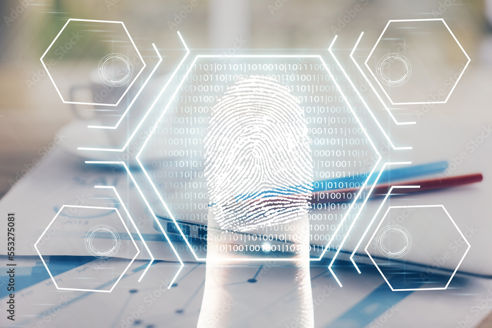 Poster computer on desktop in office with finger print drawing. double exposure. concept of business data s