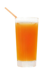 Orange juice glass with straw. Isolated.