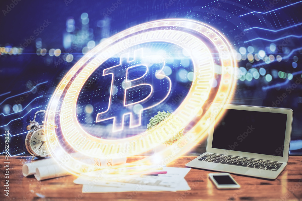Aufkleber double exposure of blockchain and crypto economy theme hologram and table with computer background. 
