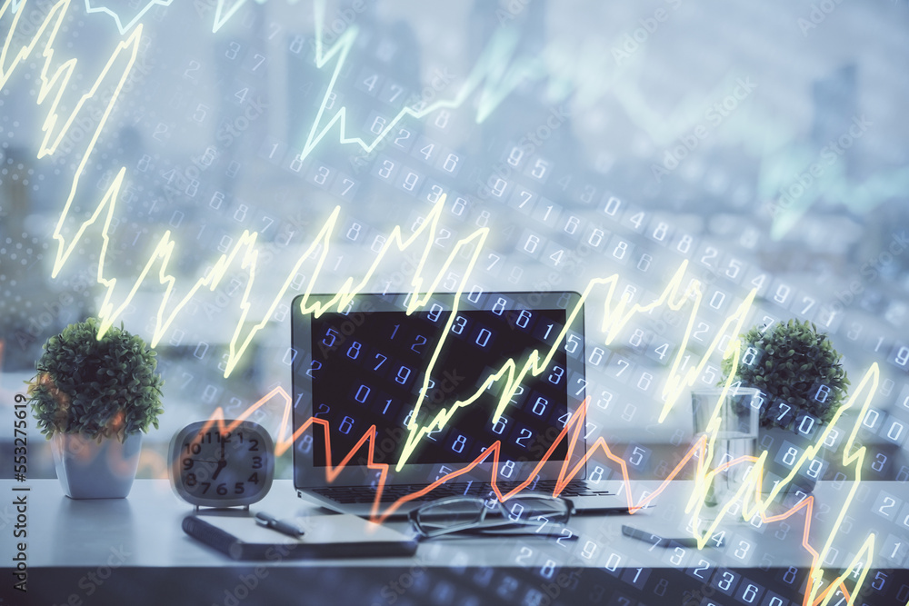 Poster Forex Chart hologram on table with computer background. Multi exposure. Concept of financial markets.