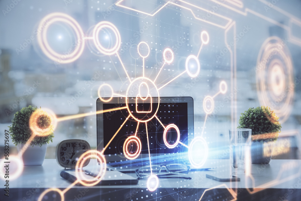 Poster computer on desktop with social network hologram. double exposure. concept of international people c