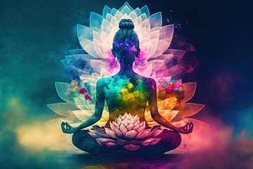 Woman Doing Yoga With Lotus Flowers And Chakra Gradient Colors - Spiritual Contemplation