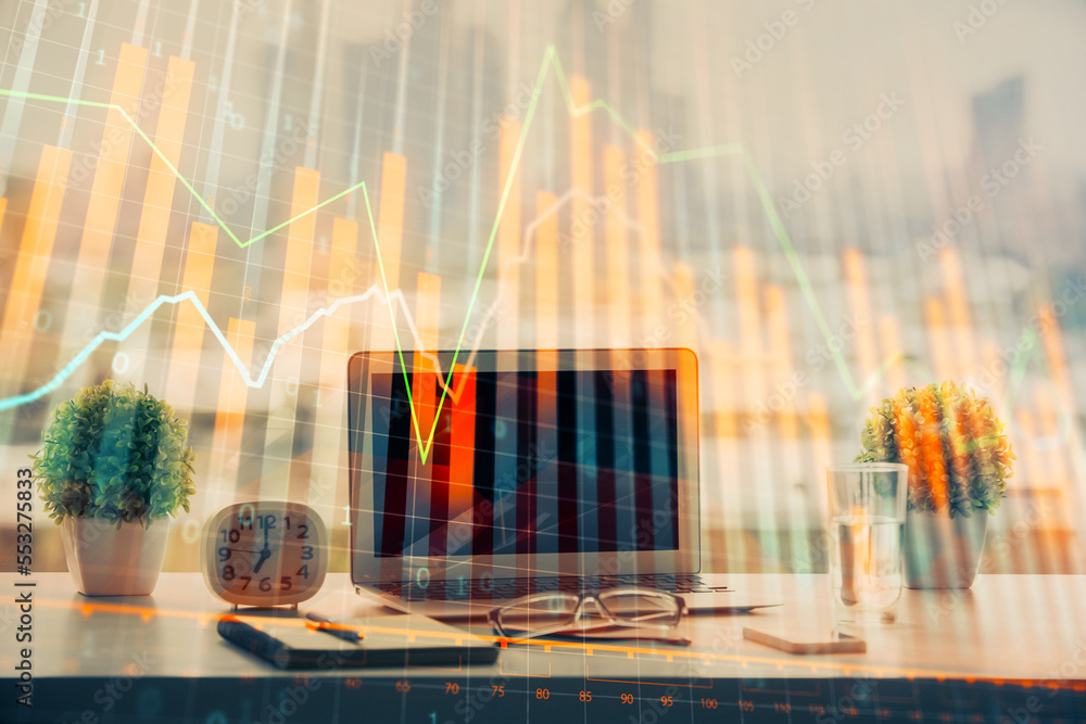 Poster forex chart hologram on table with computer background. multi exposure. concept of financial markets