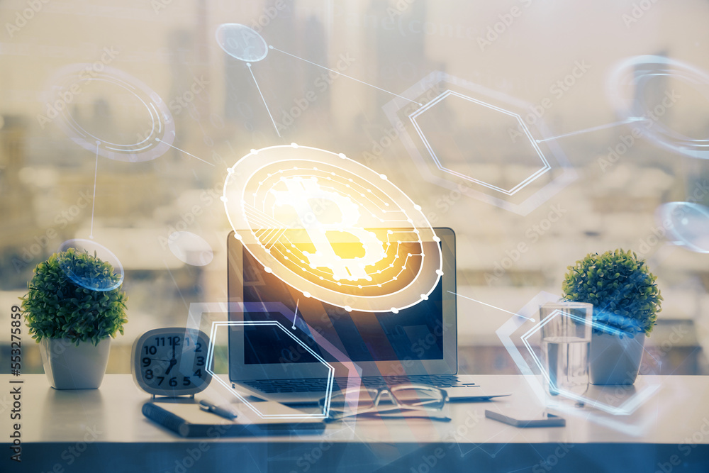 Aufkleber Double exposure of blockchain and crypto economy theme hologram and table with computer background. Concept of bitcoin cryptocurrency.