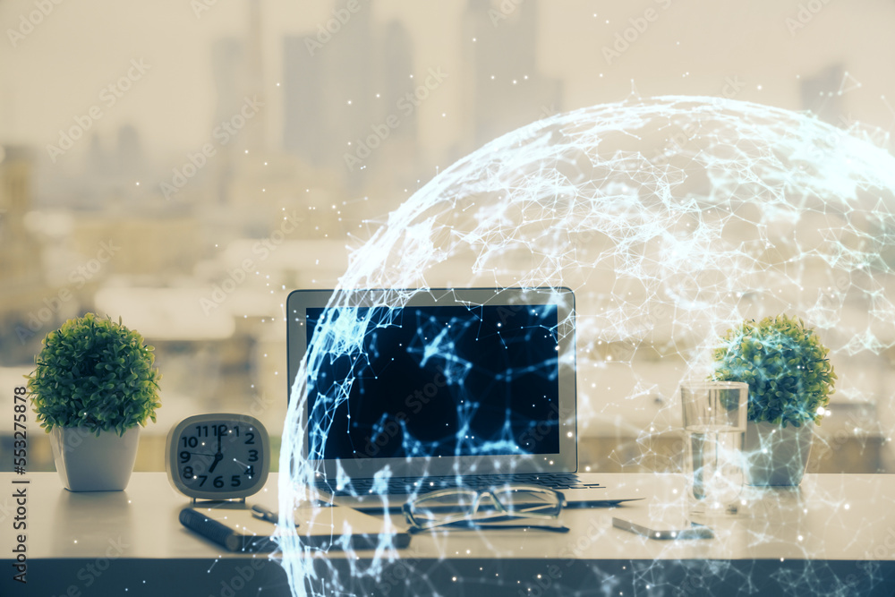 Poster computer on desktop with social network hologram. double exposure. concept of international people c