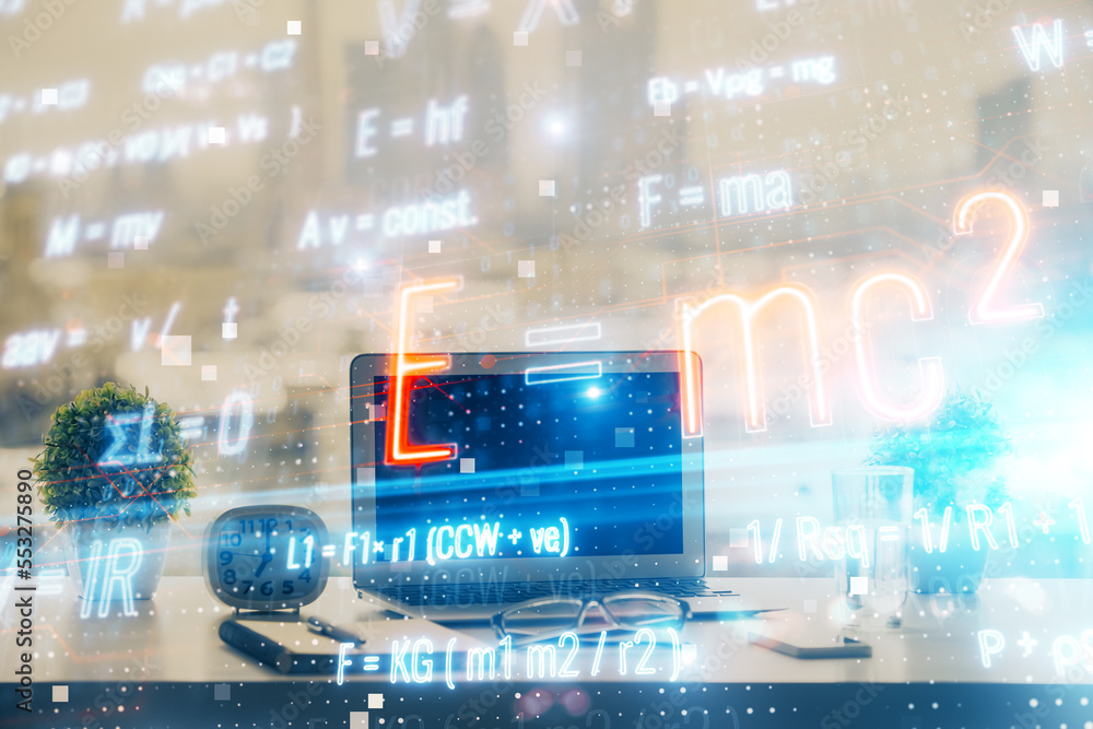 Poster desktop computer background and formula hologram writing. double exposure. education concept.
