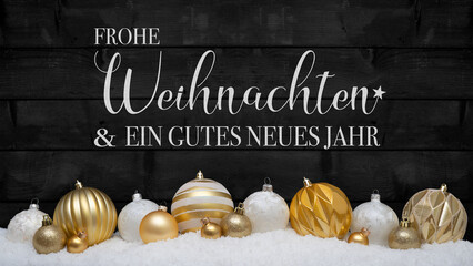 Frohe Weihnachten & gutes neues Jahr Grußkarte - Goldene Christbaumkugeln auf Schnee, Hintergrund...