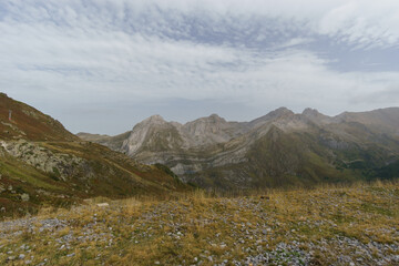 Beautiful pyrenees mountain landscape of Vallee du Soussoueou on a partly cloudy autumn day, Artouste, Nouvelle-Aquitaine, France