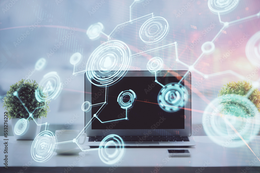 Poster computer on desktop with social network hologram. double exposure. concept of international people c
