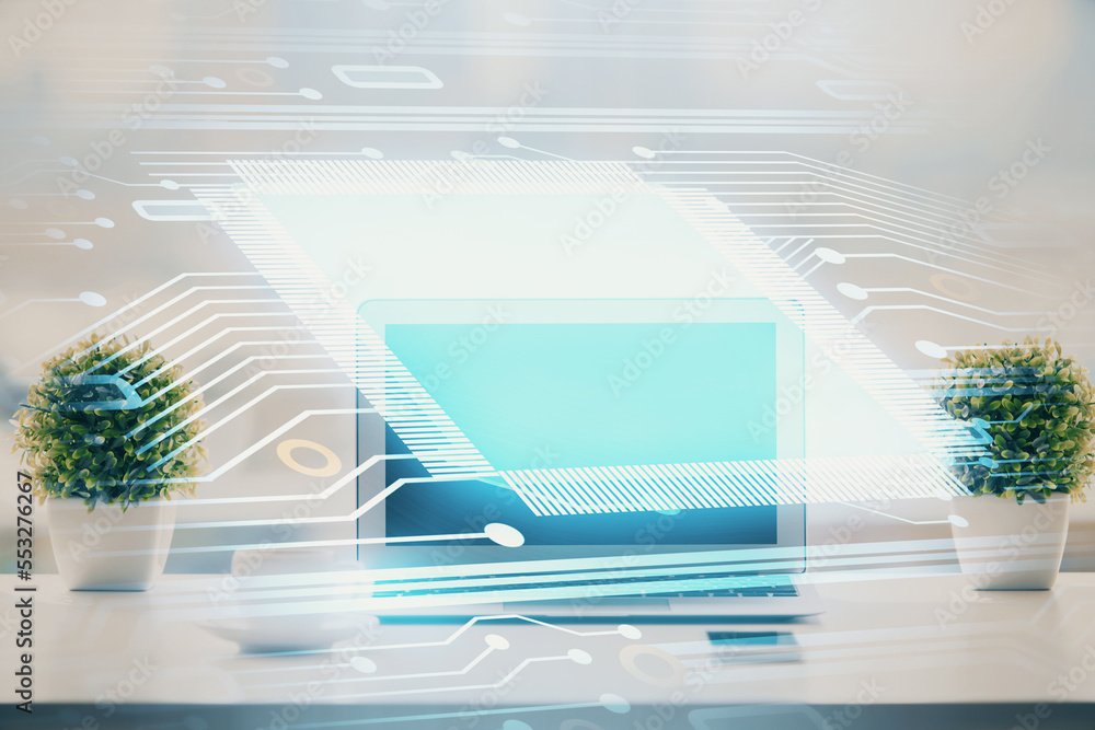 Aufkleber Double exposure of table with computer on background and data theme drawing. Concept of innovation.