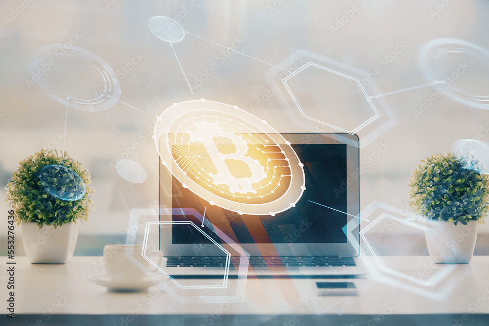Aufkleber Double exposure of blockchain and crypto economy theme hologram and table with computer background. Concept of bitcoin cryptocurrency.