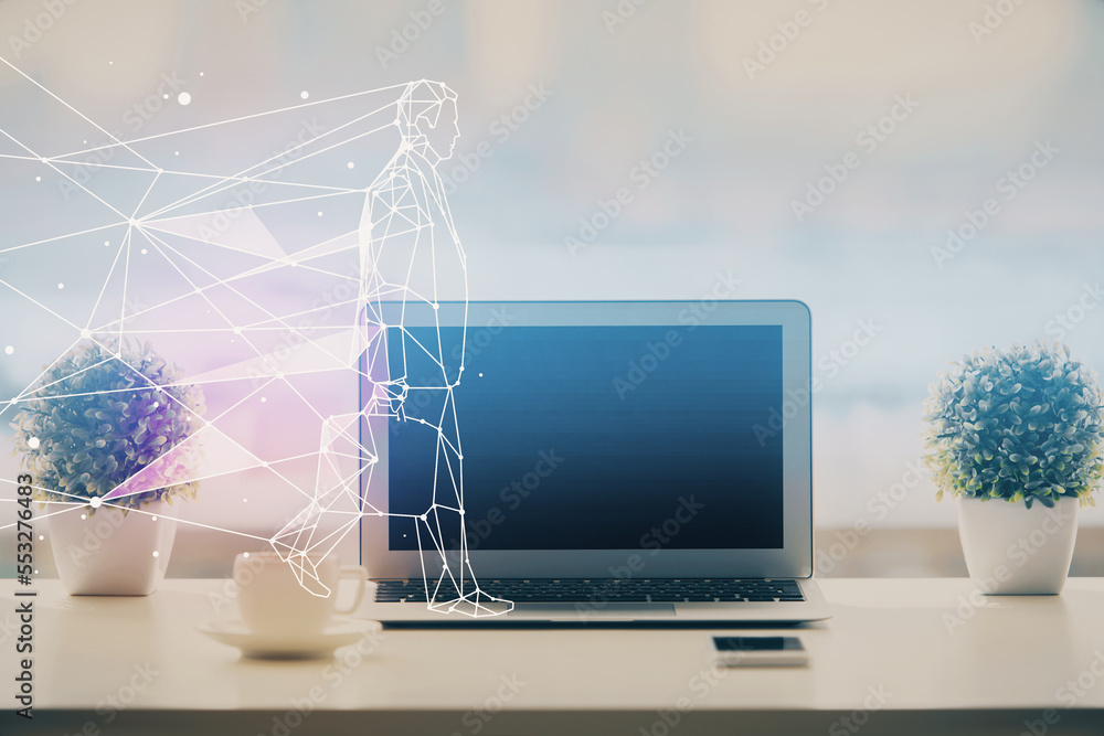 Poster Desktop computer background in office and start up theme hologram drawing. Double exposure. Startup concept.