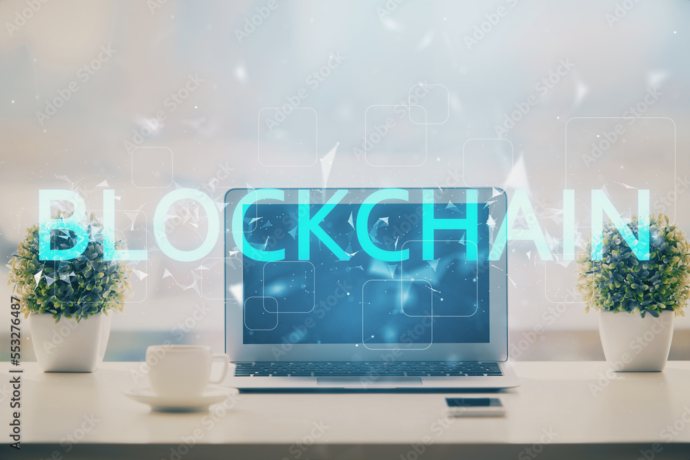 Aufkleber Double exposure of blockchain and crypto economy theme hologram and table with computer background. Concept of bitcoin cryptocurrency.
