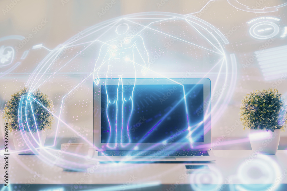 Aufkleber desktop computer background and education theme drawing. double exposure. study concept.