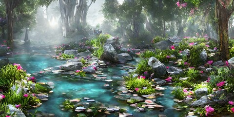 Beautifyl scene of forest with clear stones in cold water