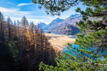 Beautiful autumn view of Lake Sils and Plan Grand in Engadine Valley, Switzerland