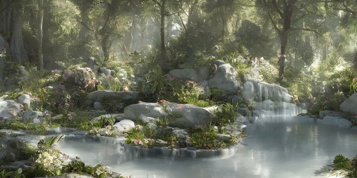 Beautifyl scene of forest with clear stones in cold water