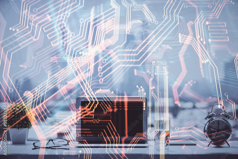 Poster computer on desktop in office with technology theme hologram. double exposure. tech concept.