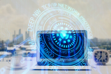 Multi exposure of table with computer on background and data theme drawing. Concept of innovation.