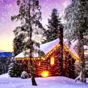 A charming log cabinnestled in the snowy landscape, is a symbol of rustic comfort and tranquility. Surrounding the cabin, snow gently falls, creating a peaceful visual effect.
