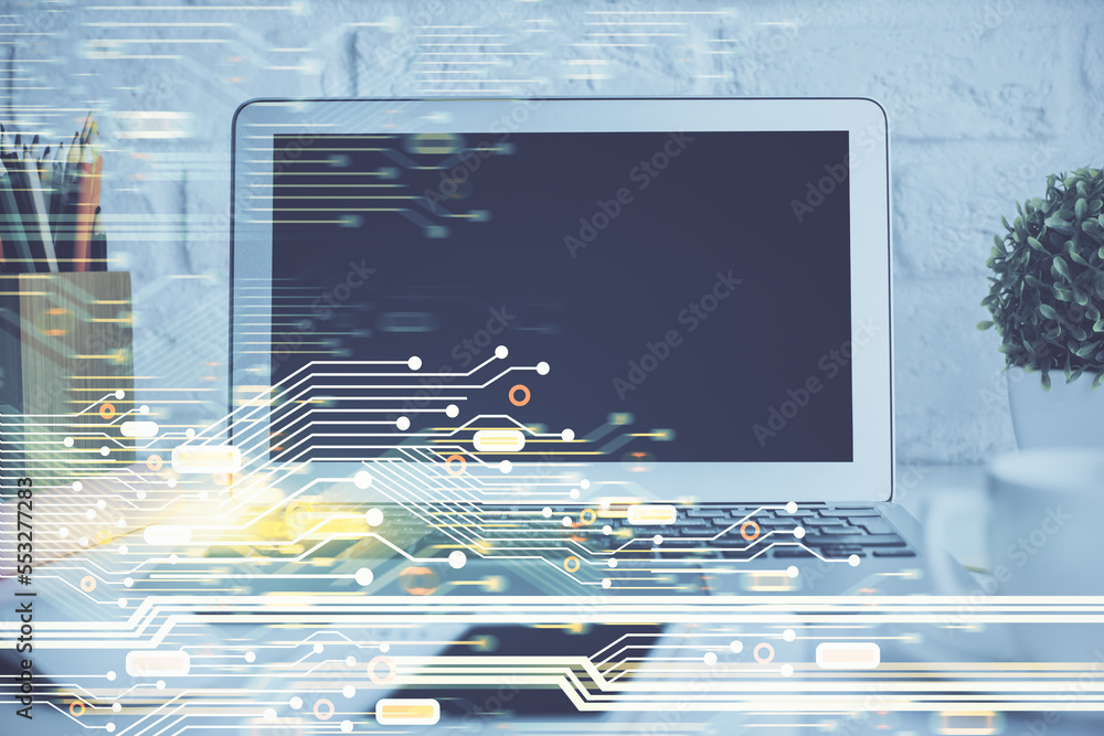 Aufkleber Double exposure of desktop with personal computer on background and tech theme drawing. Concept of Bigdata.
