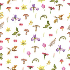 SEAMLESS PATTERN OF FLOWERS AND MUSHROOMS IN WATERCOLOR
