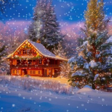 Cozy log cabin and decorated Christmas tree set against a snowy backdrop, capturing the essence of a classic holiday scene.